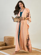 Women Peach Paisley Maxi Kaftan Nighty With Blue Inner Slip 
