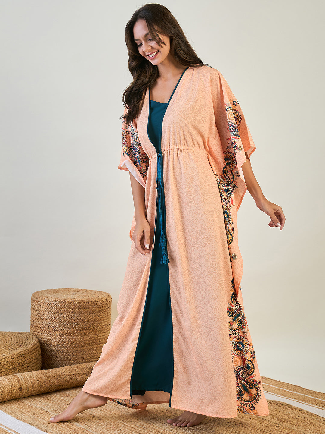 Women Peach Paisley Maxi Kaftan Night Gown With Blue Inner Slip 