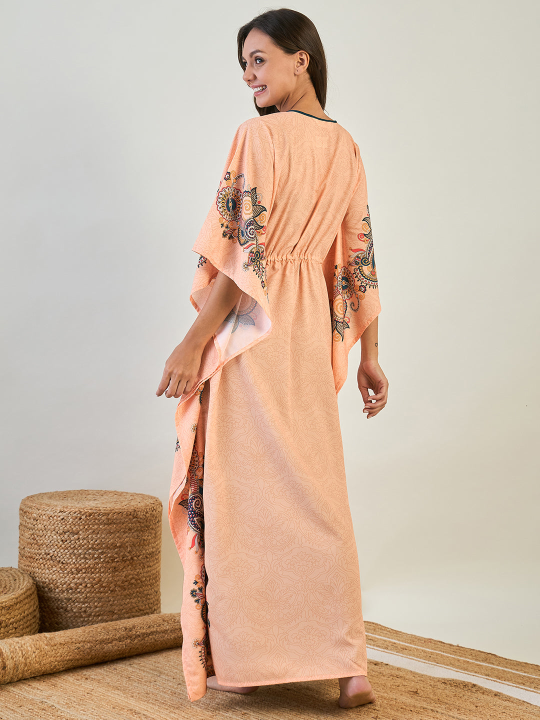 Women Peach Paisley Long Kaftan Nighty With Blue Inner Slip 