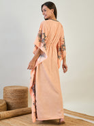 Women Peach Paisley Long Kaftan Nighty With Blue Inner Slip 