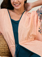 Women Peach Paisley Long Stylish Kaftan Company Nighty With Blue Inner Slip 