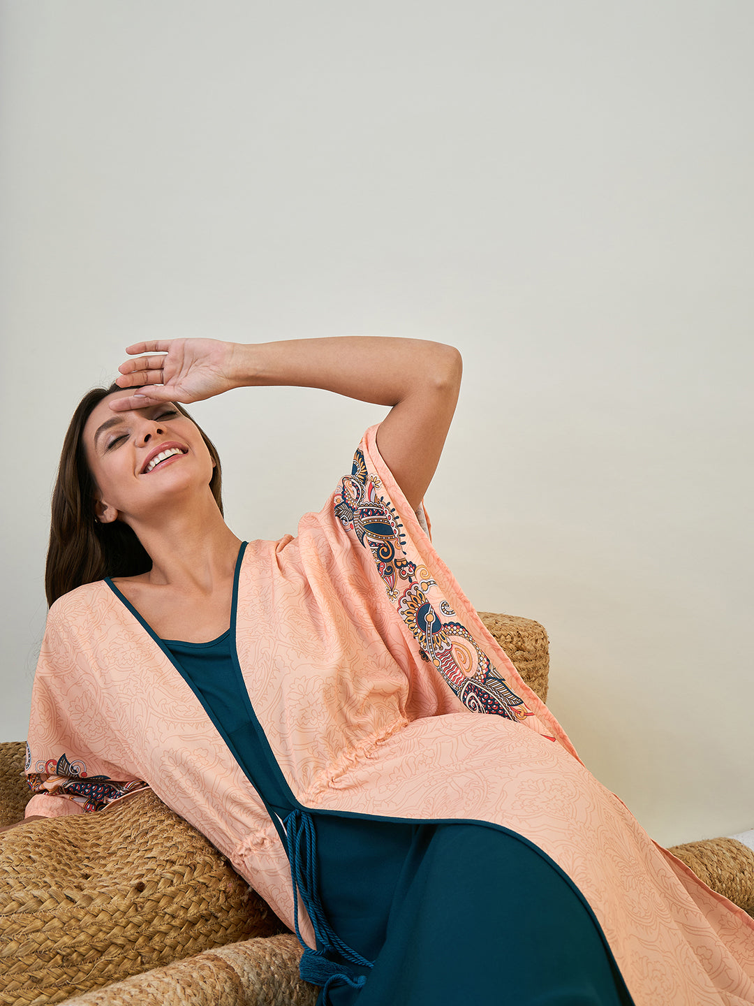 Women Peach Paisley Long Stylish Kaftan Company Night Dress With Blue Inner Slip 