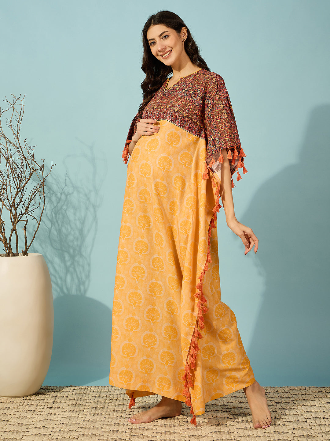 Soft and stylish Golden Bloom Maternity Kaftan, perfect for expectant and new mothers.
