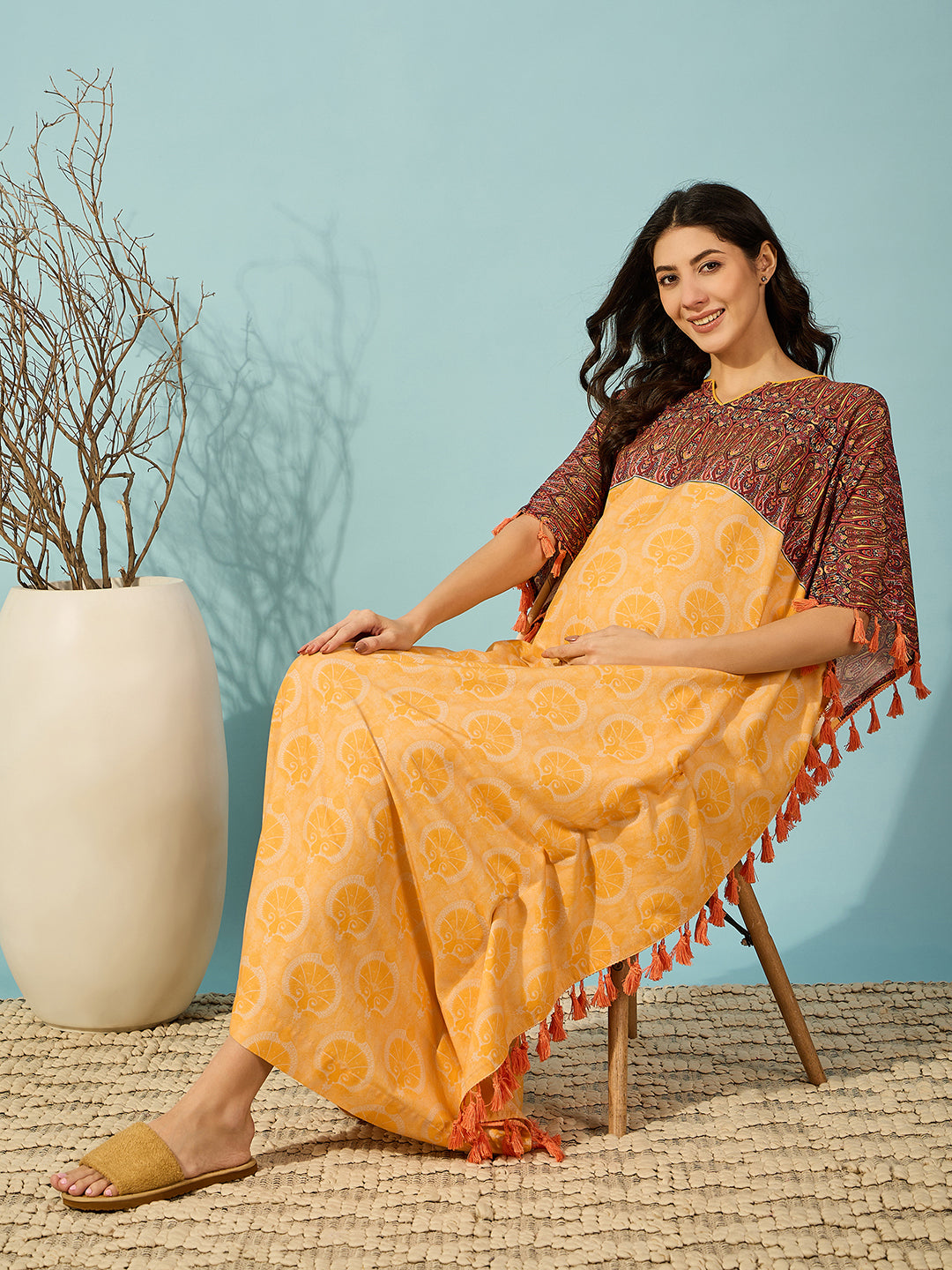 Comfortable and elegant Golden Bloom Maternity Kaftan with loose fit, ideal for maternity and nursing.
