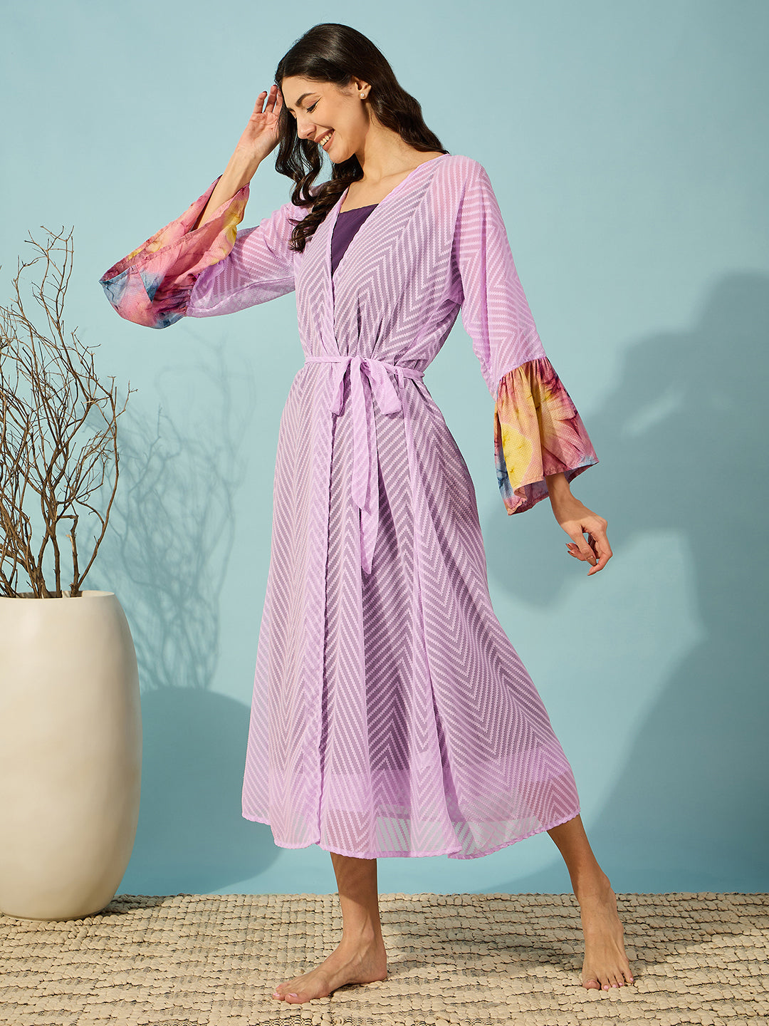 Graceful lavender georgette gown with slip set, perfect for a relaxed yet chic look.
