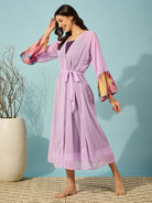 Graceful lavender georgette gown with slip set, perfect for a relaxed yet chic look.
