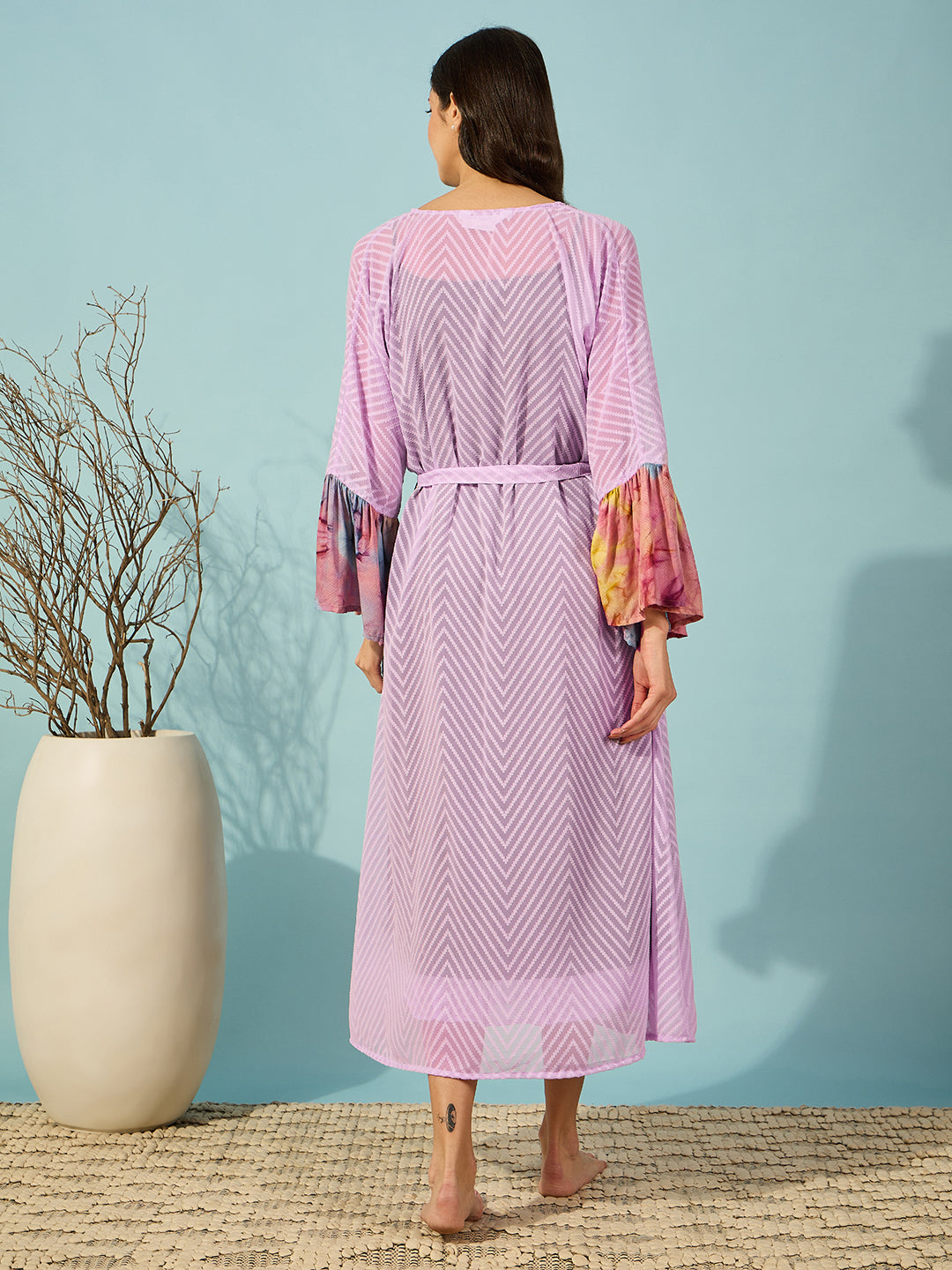 Charming lavender georgette gown with slip set, featuring a beautiful tie-dye sleeve hem.
