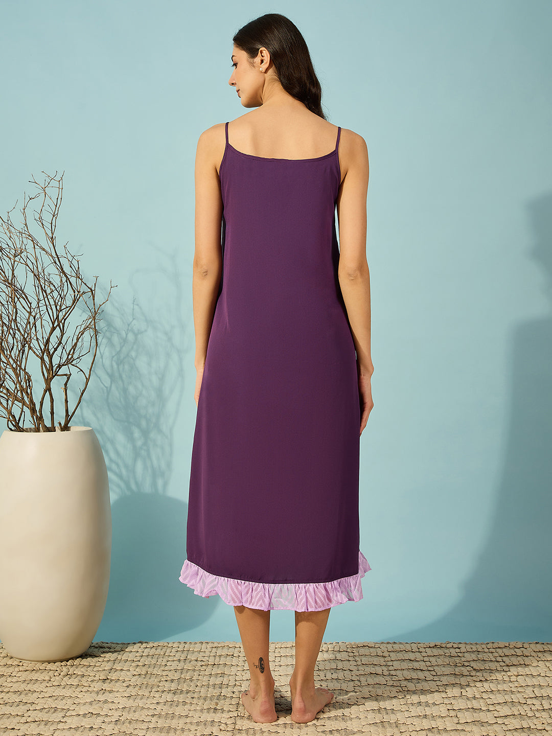Relax in luxury with this lavender georgette gown and slip set, designed for ultimate comfort.
