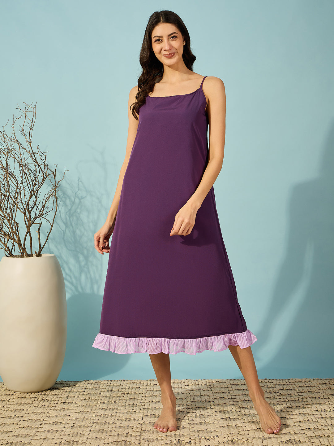 Versatile lavender gown set, including a slip with ruffles and stylish tie-dye accents on the sleeves.
