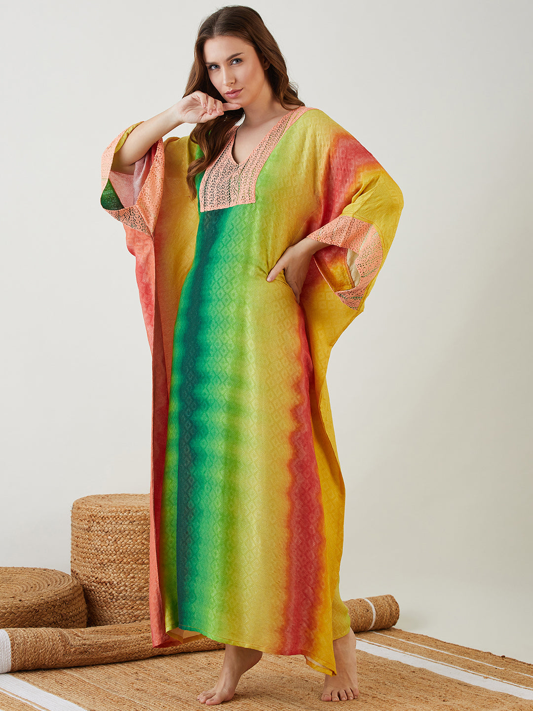 Women Dawn Hues V Neck Comfort Kaftan Nightdress 