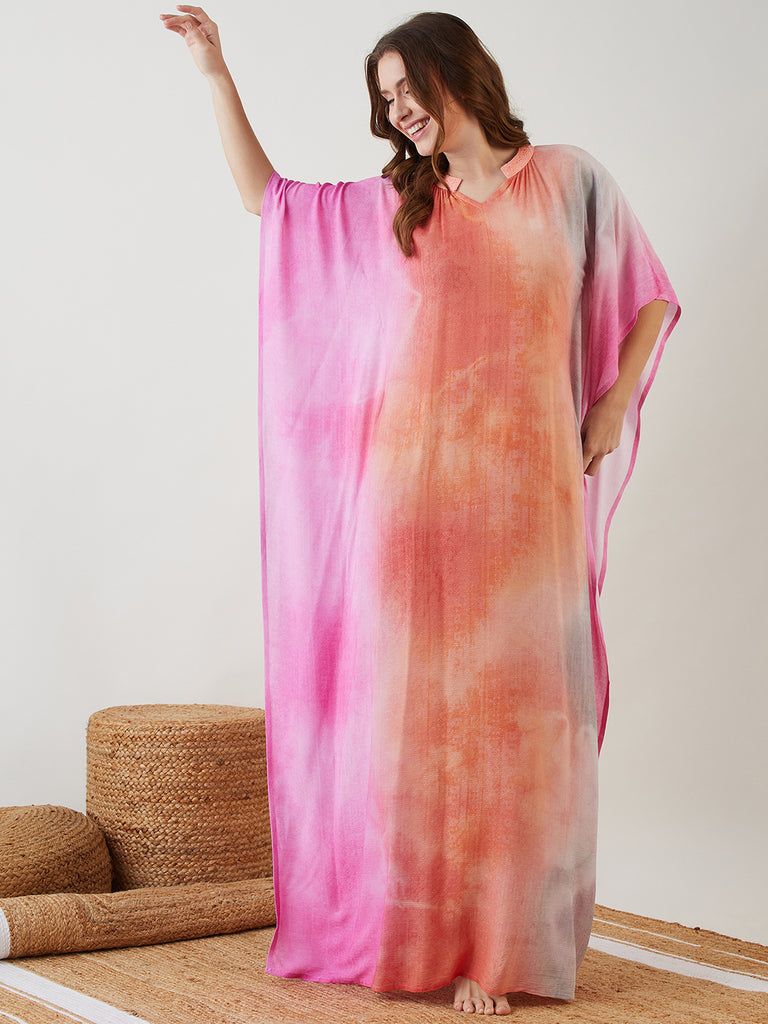 Multi-Color Digital Printed Kaftan with Laced Up Band Collar with Gather details on the neck