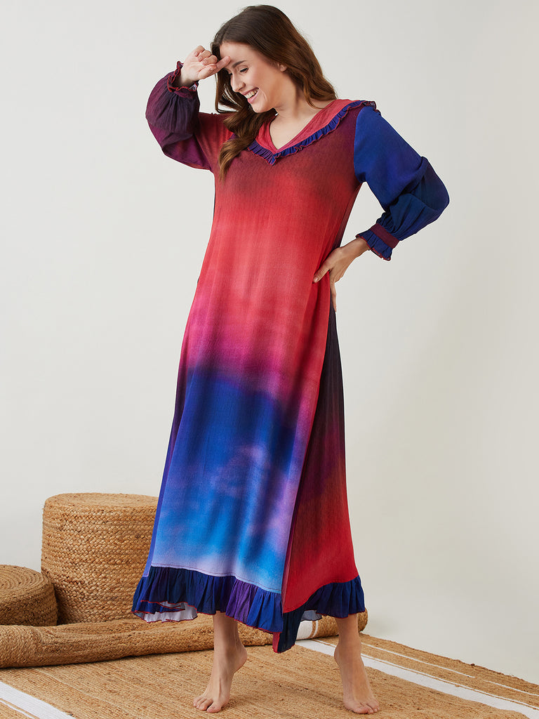 Multi-Color Tie-Dye Printed Nightdress with Shawl Collar detailing with Ruffles edging the Collar, Placket Detailing on the Sleeve Hem and Flounce at the Hem of the Dress