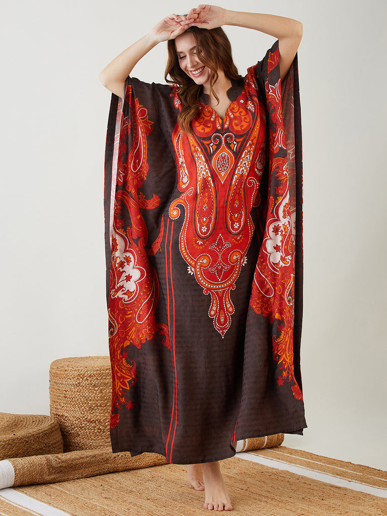 Black Bleached Effect Paisley Printed Kaftan with innovative Shaped Neckline 