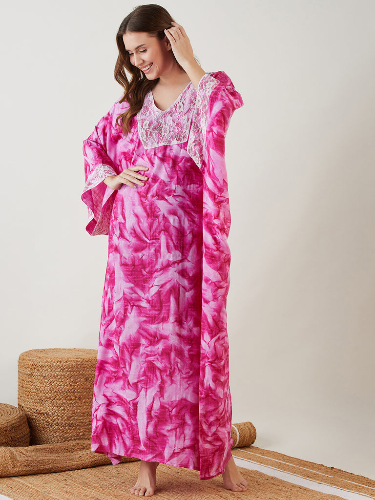 Pink Tie Dye Laced Up Kaftan with Lace Patch on the Yoke, and Sleeve Hem 