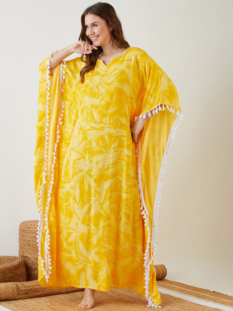 Yellow Tie-Dyed Kaftan with Boat Neck With a Keyhole Neckline with Piping, Fringe Lace Highlighting the Side of the Kaftan