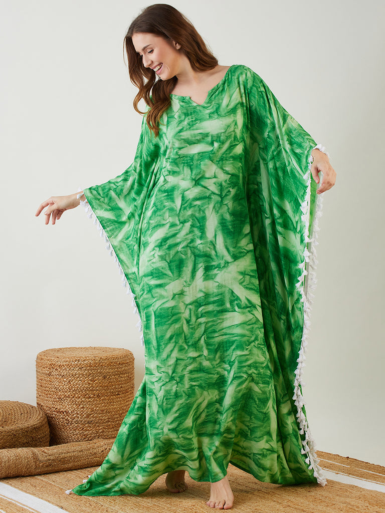 Green Tie-Dyed Fringed Kaftan with Boat Neck With a Keyhole Neckline, Fringe Lace Highlighting the Side of the Kaftan