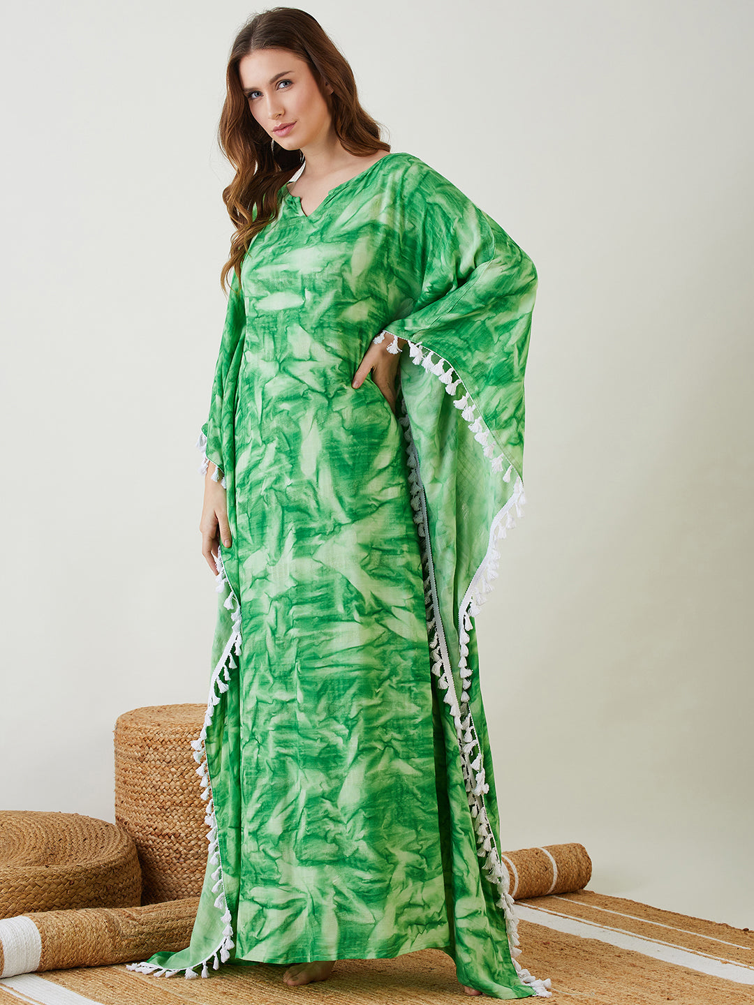Women Green Tie-Dyed Fringed V Neck Kaftan Nighty