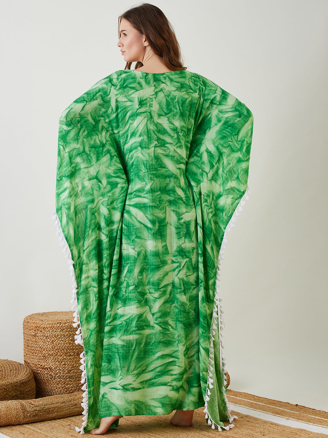 Women Green Tie-Dyed Fringed V Neck Kaftan Sleepwear