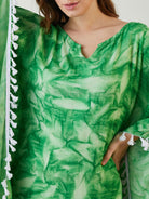 Women Green Tie-Dyed Fringed V Neck Kaftan Loungewear