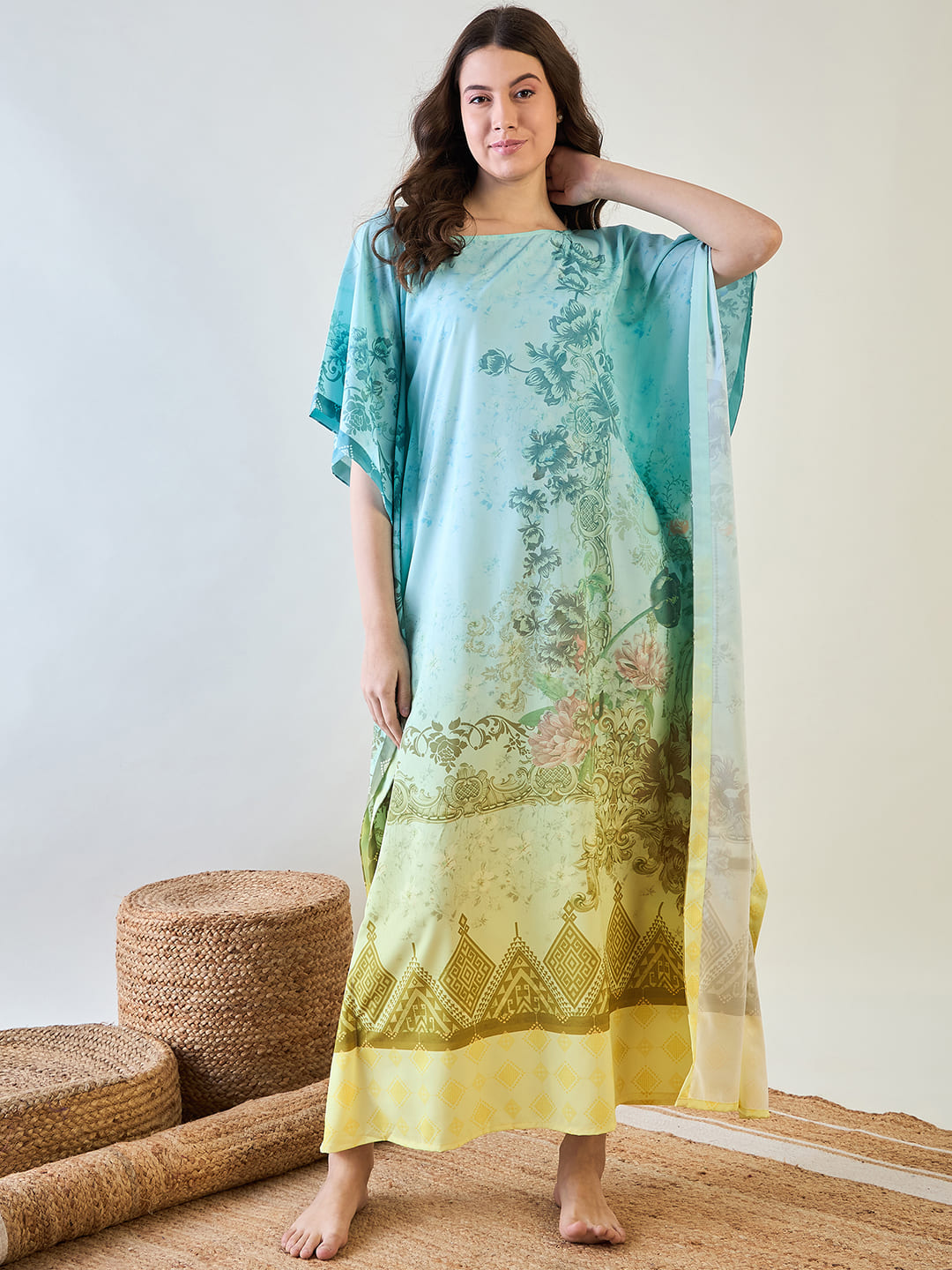 Elegant floral crepe kaftan featuring a beautiful gradient design.
