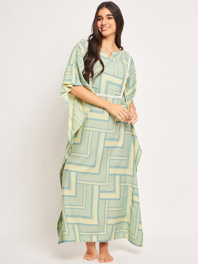 Green Abstract Printed Crepe Kaftan