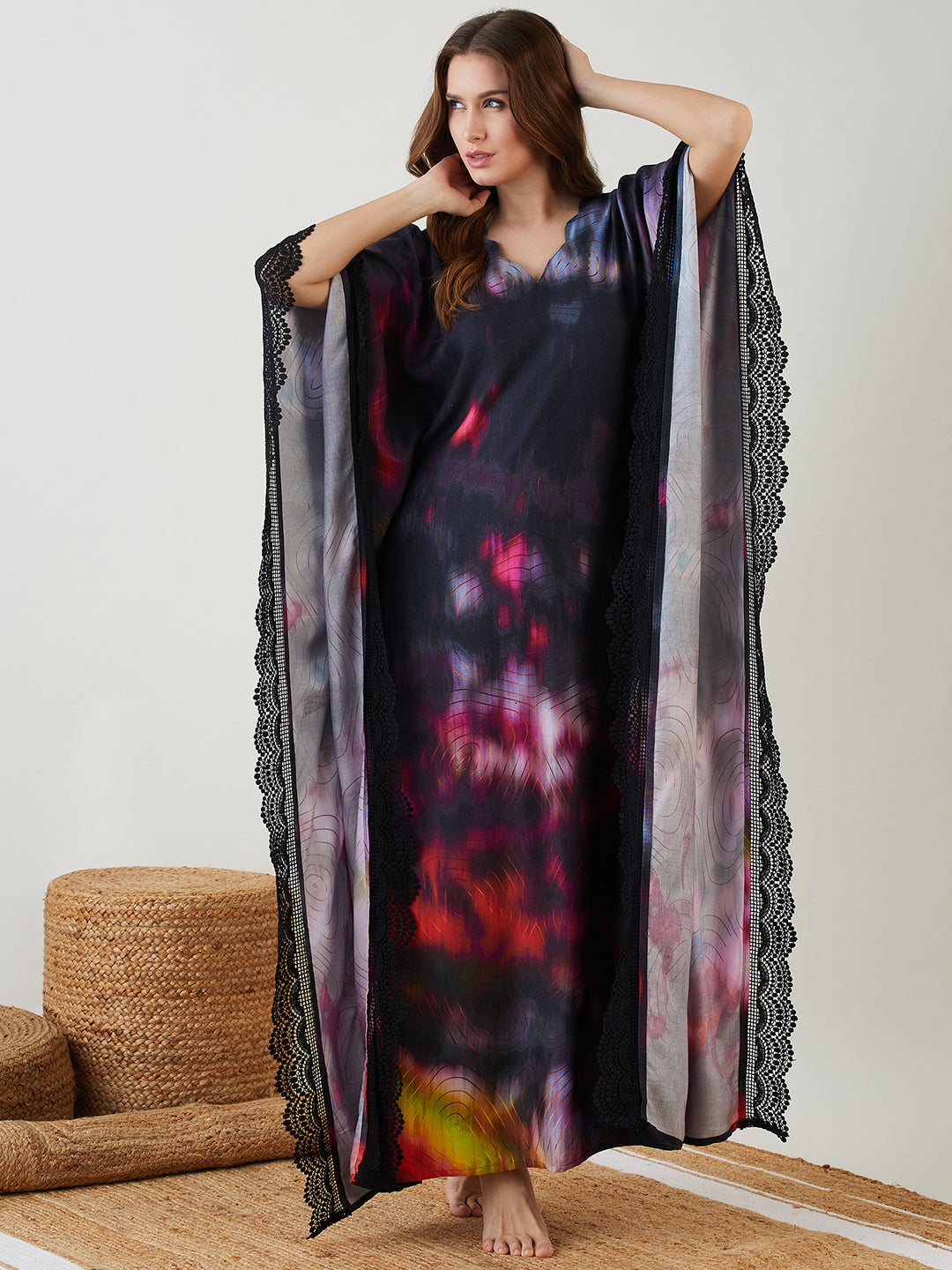Women Black Tie-Dye Spiral Digital Printed Rayon Kaftan Dress â‚¬€œ The Kaftan Company
