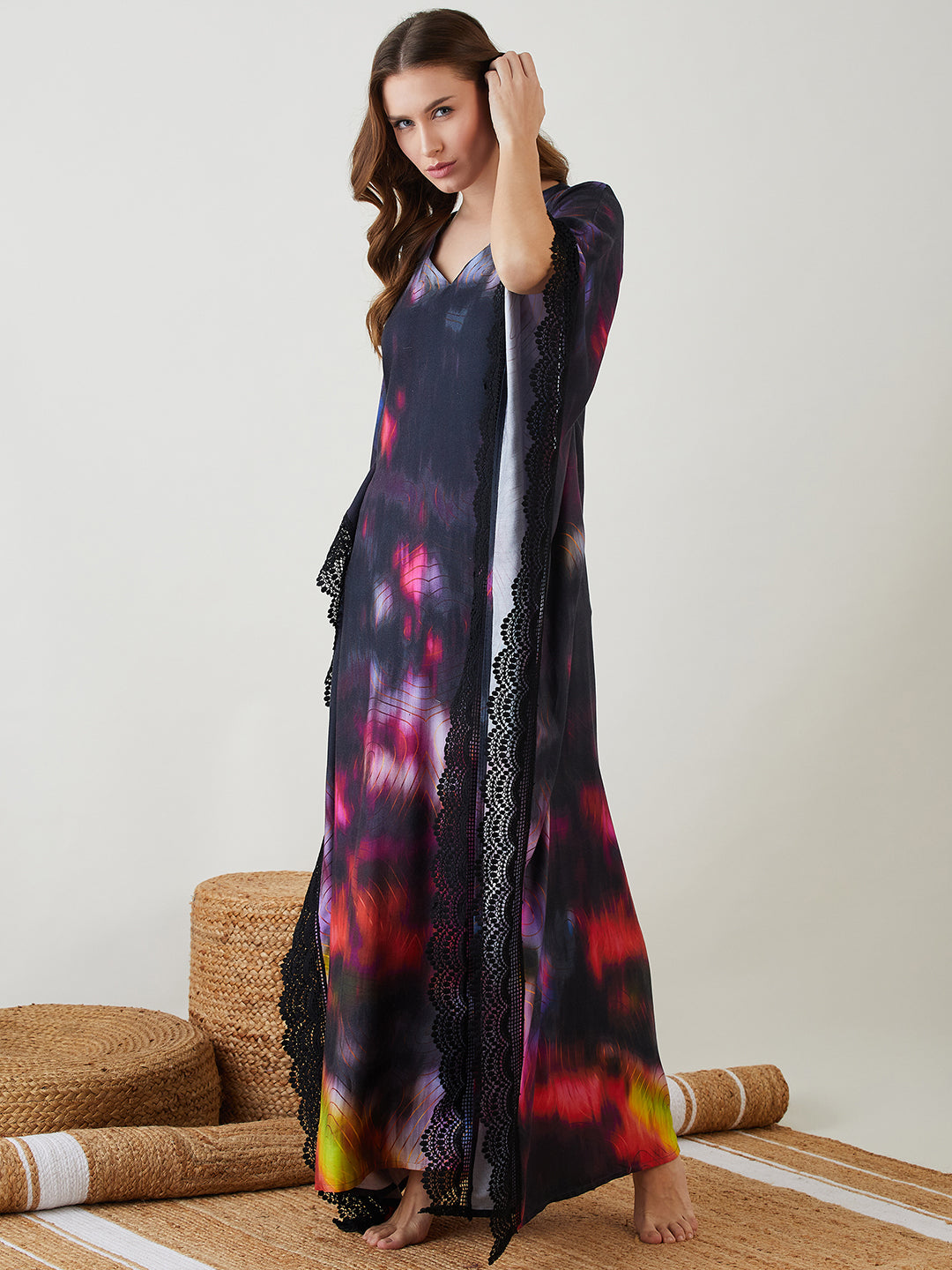 Women Black Tie-Dye Spiral Digital Printed Rayon Kaftan Nightwear