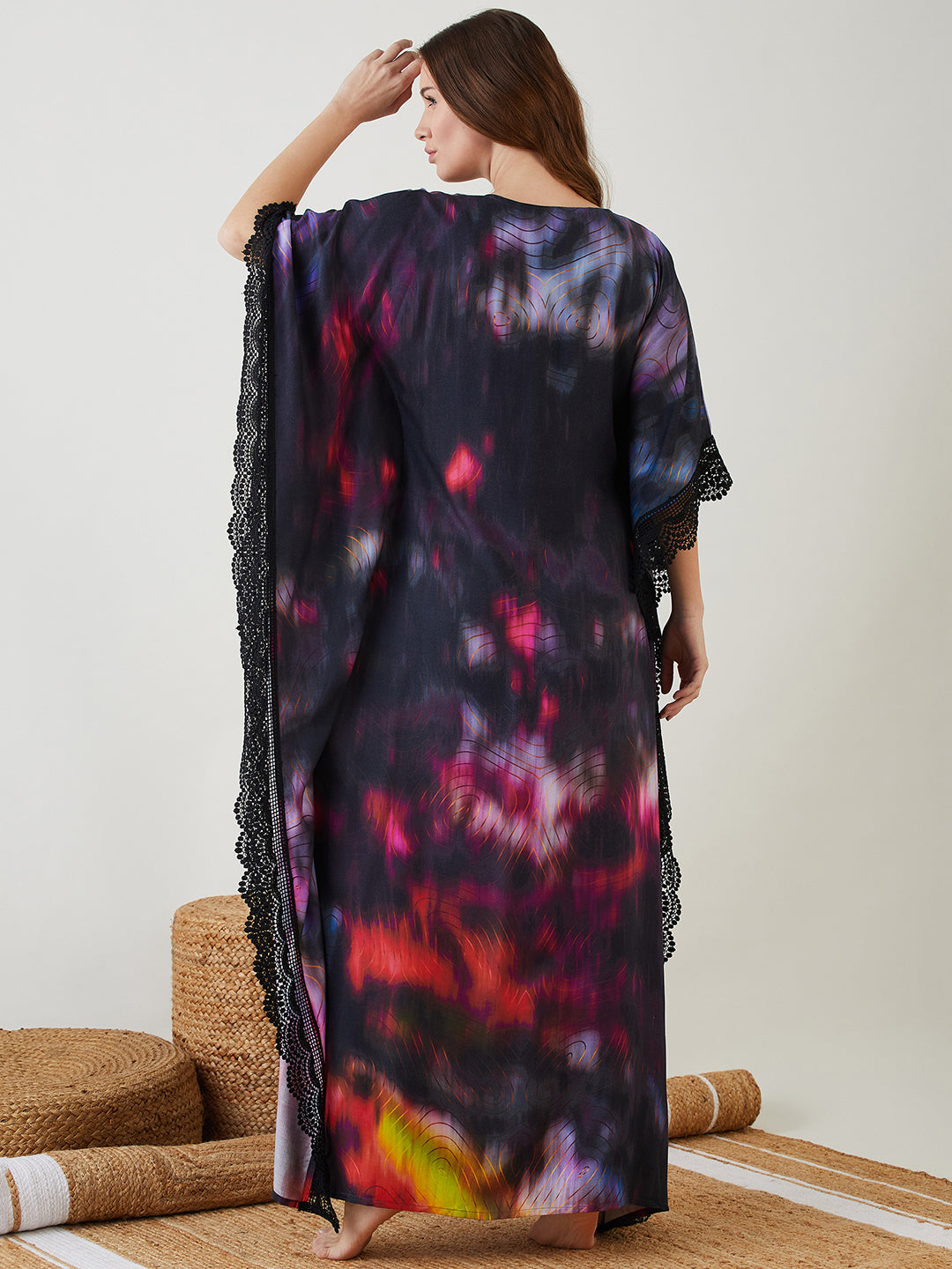 Women Black Tie-Dye Spiral Digital Printed Rayon Kaftan Nighty