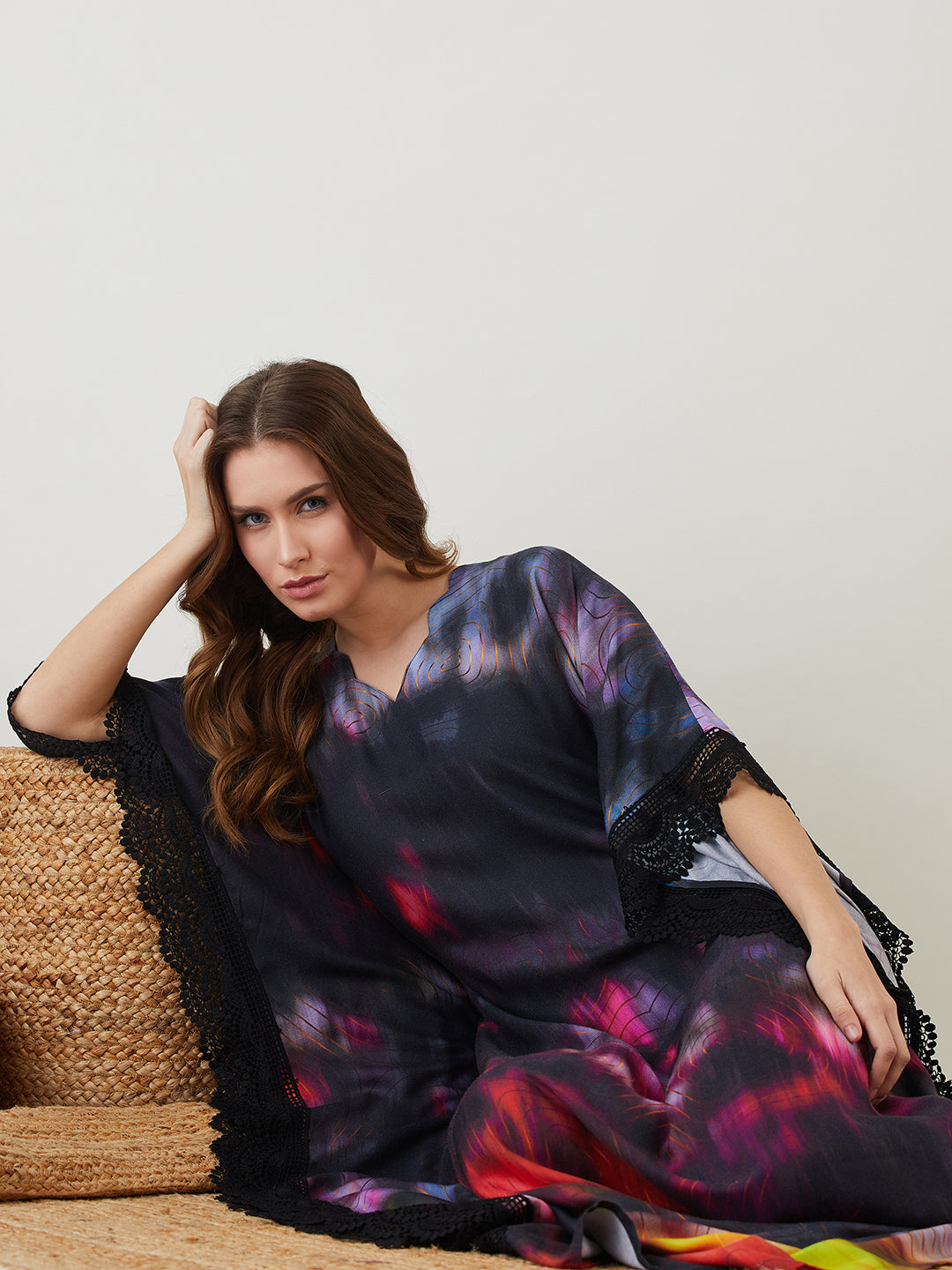 Women Black Tie-Dye Spiral Digital Printed Rayon Stylish Kaftan Gown