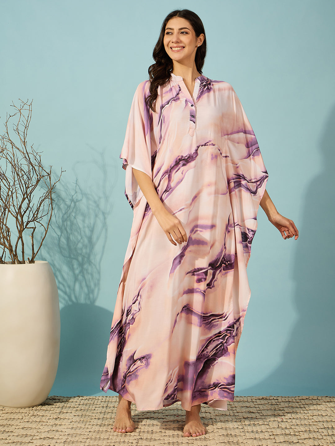 Super soft purple marble print kaftan nighty with a relaxed fit, ideal for stylish comfort.

