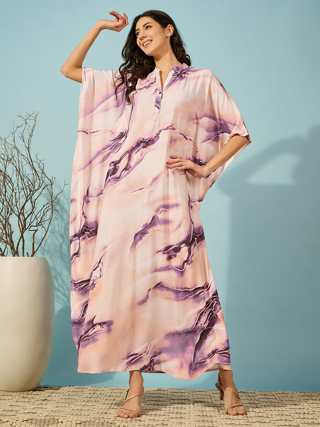 Elegant purple marble print long kaftan nightdress, perfect for both casual and special occasions.
