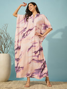 Elegant purple marble print long kaftan nightdress, perfect for both casual and special occasions.
