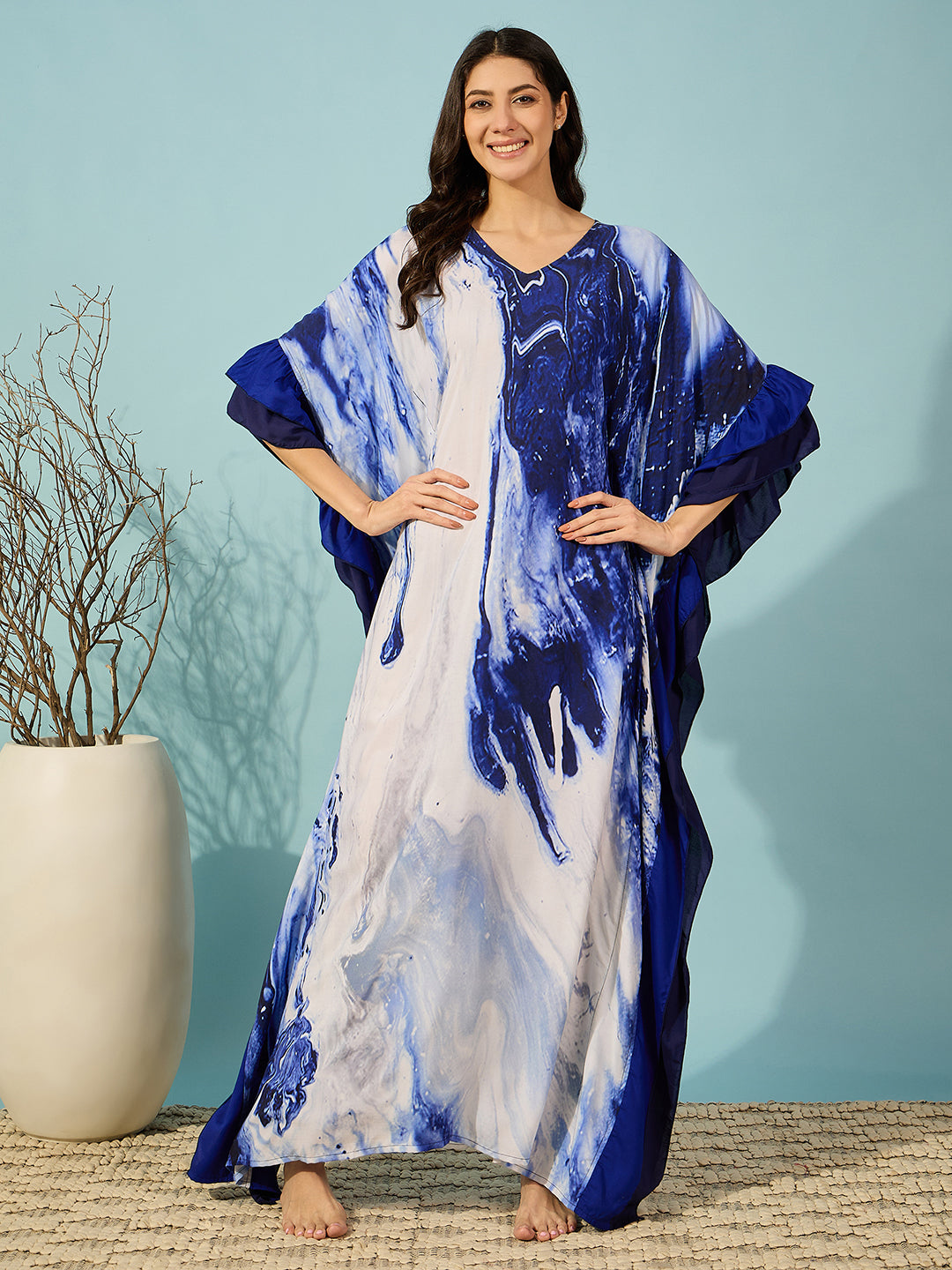 Elegant blue marble print super soft maxi length kaftan for women, perfect for casual lounging.
