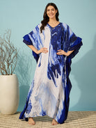 Elegant blue marble print super soft maxi length kaftan for women, perfect for casual lounging.
