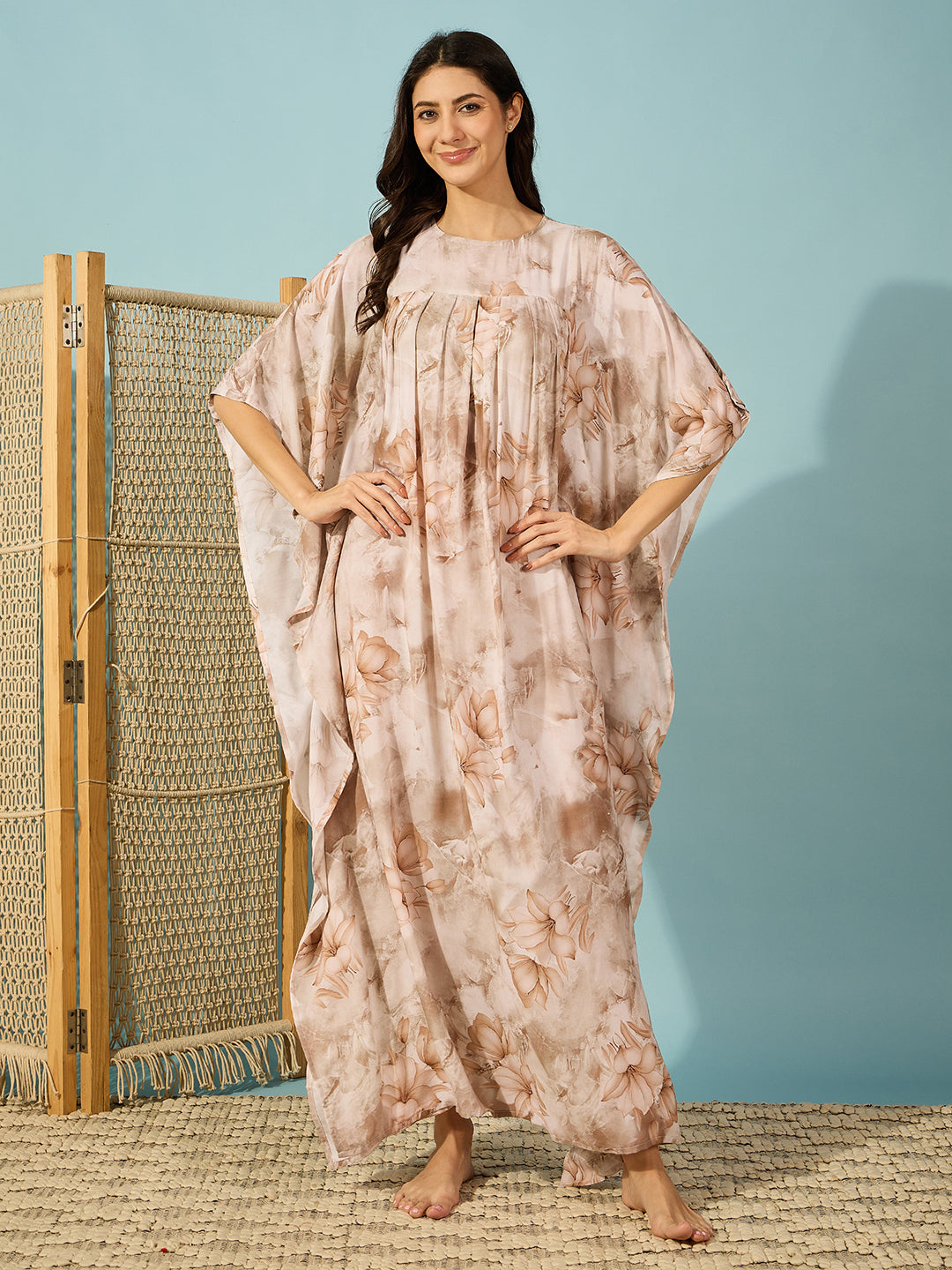 Super soft pleated kaftan nighty with a unique marble floral print, ideal for casual or dressy days.

