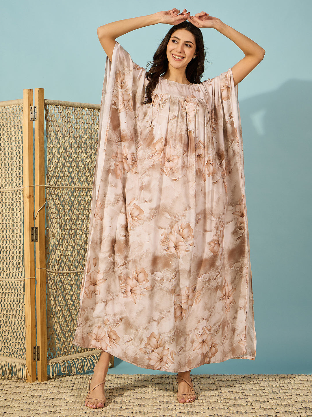 Women Elegant marble floral print maxi kaftan with soft pleats for a luxurious and comfortable look.
