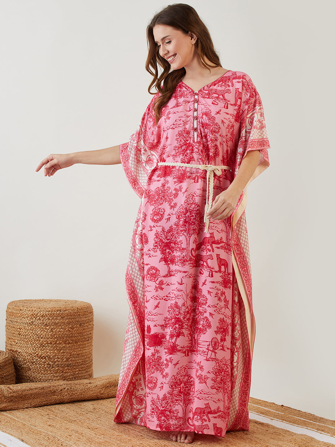 Women Pink Digital Jungle Printed V Neck Kaftan Nighty â€“ The Kaftan Company