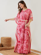 Women Pink Digital Jungle Printed V Neck Kaftan Nighty â€“ The Kaftan Company
