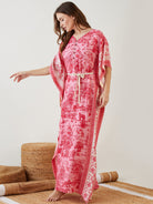 Women Pink Digital Jungle Printed V Neck Rayon Kaftan Loungewear