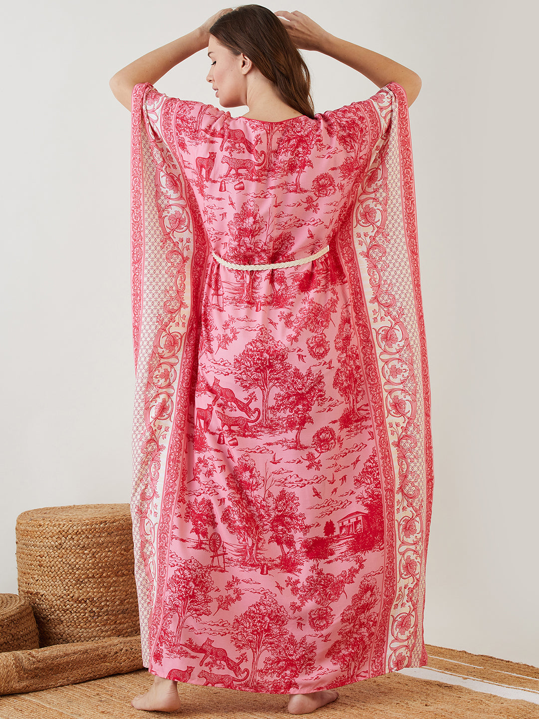 Women Pink Digital Jungle Printed V Neck Rayon Kaftan Gown