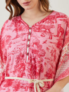 Women Pink Digital Jungle Printed V Neck Rayon Kaftan Dress