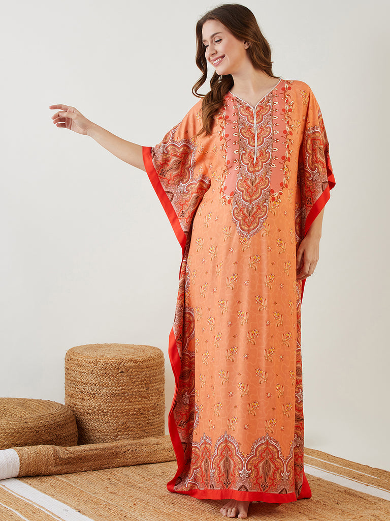 Peach Geo-Flora Nursing Kaftan with Concealed Zipper for Feeding and Pin Tuck Detailing in the back of the Kaftan 