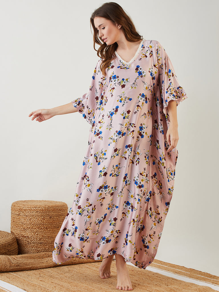 Pink Floral Laced Up Satin Kaftan with Ruffle Detailing near the Armhole