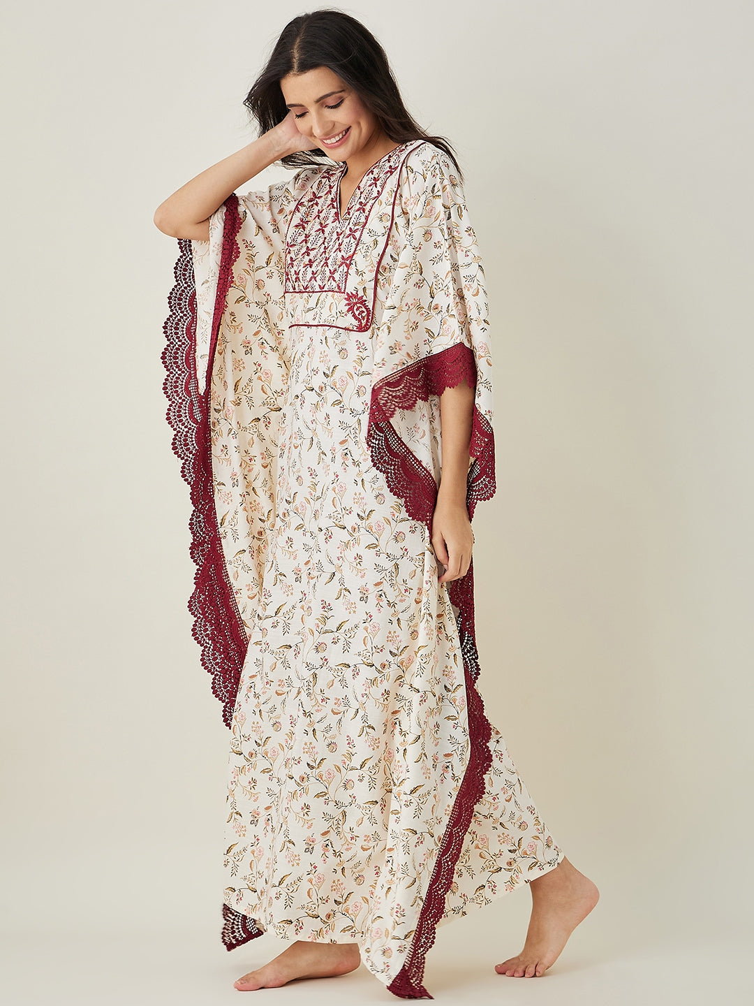 White Floral Embroidered V Neck Kaftan Night Dress