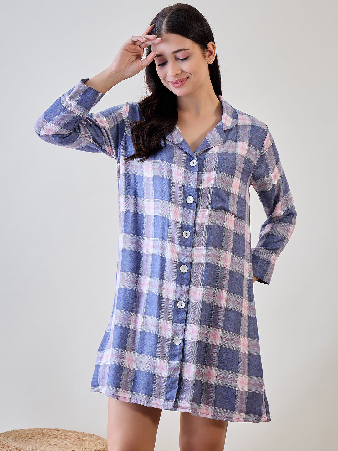 Blue and Pink Checks Viscose Sleep Shirt for relaxed evenings.
