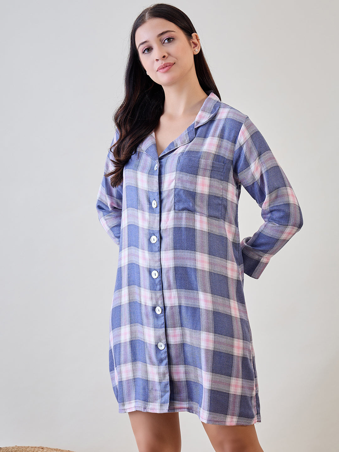 Blue and Pink Checks Viscose Sleep Shirt for ultimate nighttime comfort
