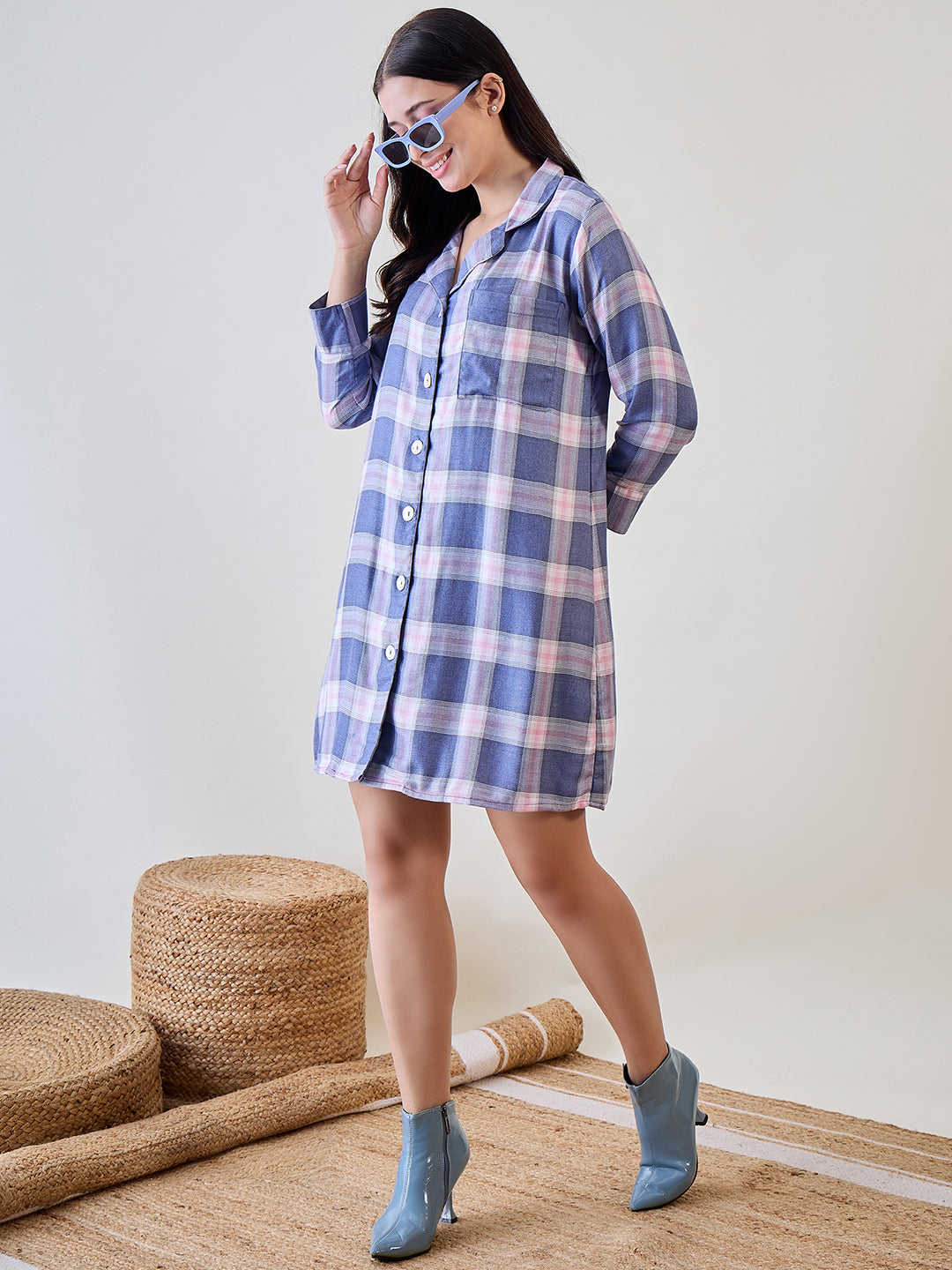 Upgrade your nightwear with this stylish Blue and Pink Checks Sleep Shirt.
