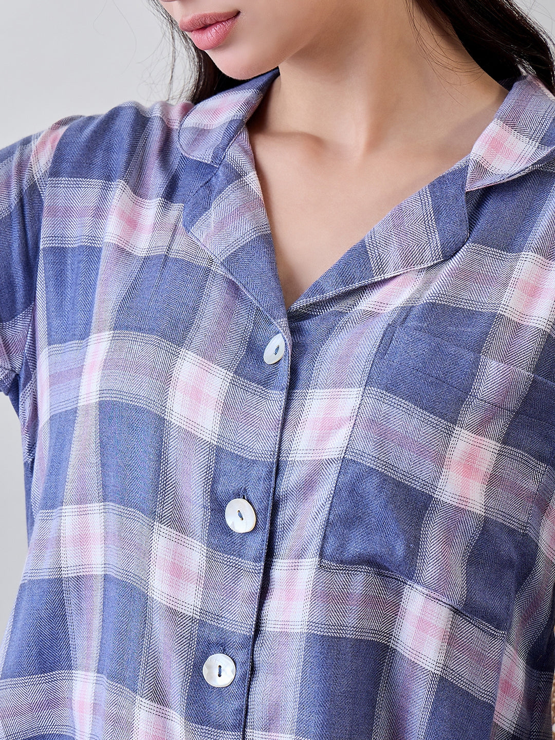 Feel the softness of viscose with this Blue and Pink Checks Sleep Shirt.
