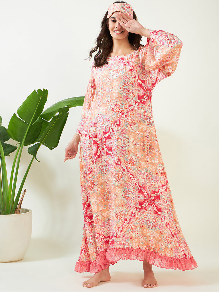 Peach Abstract Printed Laced Nightdress