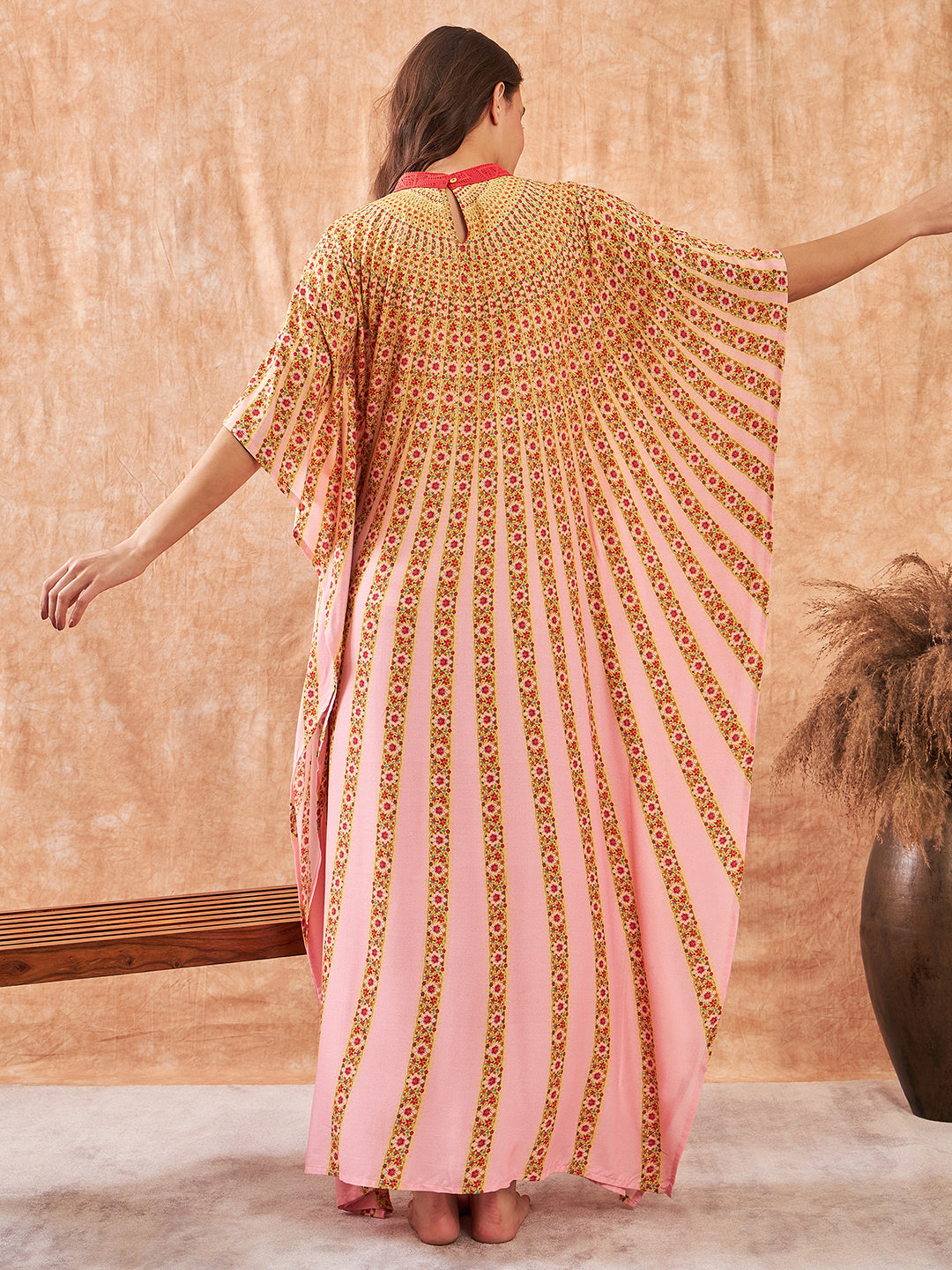 Women Pink And Red Floral Strokes Long Kaftan Dress